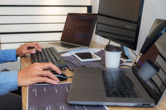 Programmers working in programming Programmer, developer and coding technology Website design, cybersecurity in the cyberspace society