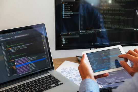 Programmers working in programming Programmer, developer and coding technology Website design, cybersecurity in the cyberspace society