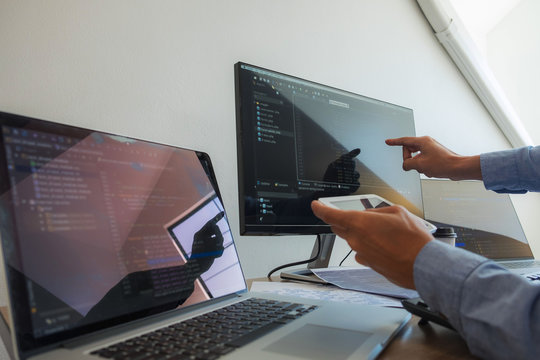 Programmers working in programming Programmer, developer and coding technology Website design, cybersecurity in the cyberspace society