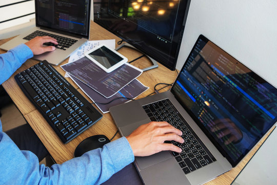Programmers working in programming Programmer, developer and coding technology Website design, cybersecurity in the cyberspace society