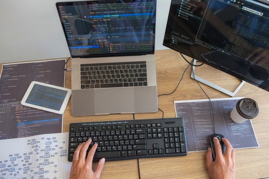 Programmers working in programming Programmer, developer and coding technology Website design, cybersecurity in the cyberspace society