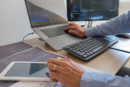 Programmers working in programming Programmer, developer and coding technology Website design, cybersecurity in the cyberspace society
