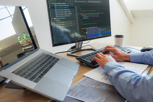 Programmers working in programming Programmer, developer and coding technology Website design, cybersecurity in the cyberspace society