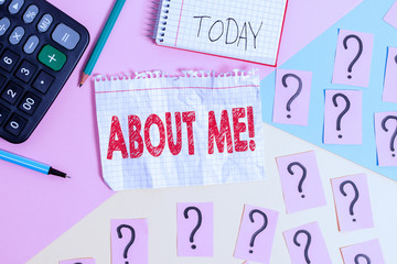 Conceptual hand writing showing About Me. Concept meaning telling someone list of your good and bad properties Mathematics stuff and writing equipment on pastel background