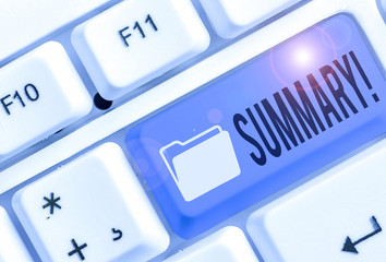 Text sign showing Summary. Business photo text brief statement or account of main points of...