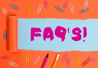 Word writing text Faq S. Business photo showcasing list of questions and answers relating to...