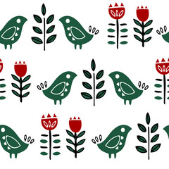 Folk art seamless pattern with flowers and birds. Scandinavian nordic style. Bright hand drawn shapes on white background.