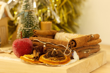 Beautiful Christmas decorations and handmade toys close-up.