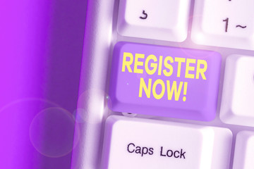 Handwriting text writing Register Now. Conceptual photo official list or record showing or things...