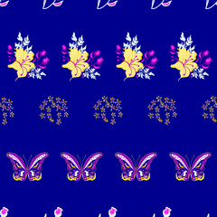 Vector dark blue background floral garden & butterfly seamless pattern illustration for birthday, fabric, party, event, decoration, gift wrap, scrapbook project, print, wallpaper, textile design
