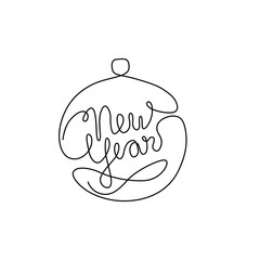 New year lettering and Christmas tree toy logo, greeting card, Happy new year 2020, banner, invitation, neon, poster, flyers, marketing, continuous line drawing, isolated vector illustration.
