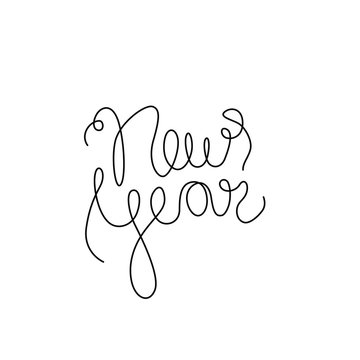 New year lettering text for greeting card, Happy new year 2020, banner, invitation, neon, poster, flyers, marketing, emblem or logo design, continuous line drawing, isolated vector illustration.