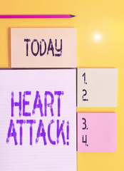 Handwriting text Heart Attack. Conceptual photo sudden occurrence of coronary thrombosis resulting in death Colored empty papers with copy space on the yellow background table