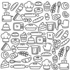 Set of cute bread and bakery doodle vector illustration. Bread and bakery doodle background 