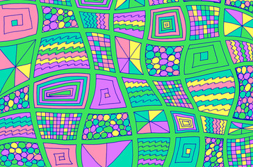 Square doodles. Abstract colorful psychedelic background. Surreal bright artwork. Cartoon drawing. Line art. Ornamental backdrop. Vector illustration