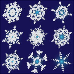 Kit of simple christmas snowflakes on blue background.