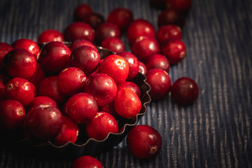 Cranberries in einer Schale auf einem blauen textilen Untergrund