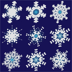 Kit of simple christmas snowflakes on blue background.