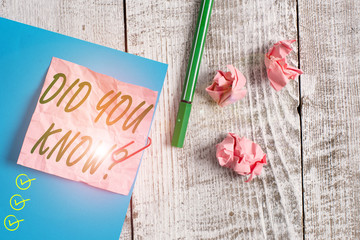 Text sign showing Did You Know Question. Business photo text when you are asking someone if they know fact or event Wrinkle paper and cardboard plus stationary placed above wooden background