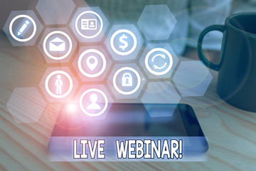 Word writing text Live Webinar. Business photo showcasing presentation lecture or seminar...