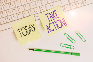 Word writing text Take Action. Business photo showcasing do something official or concerted to achieve aim with problem Square green note paper with pencil on the white background