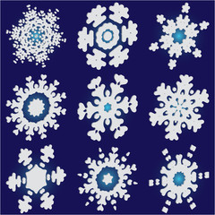 Kit of simple christmas snowflakes on blue background.