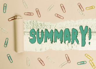 Conceptual hand writing showing Summary. Concept meaning brief statement or account of main points...