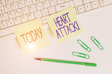 Word writing text Heart Attack. Business photo showcasing sudden occurrence of coronary thrombosis resulting in death Square green note paper with pencil on the white background