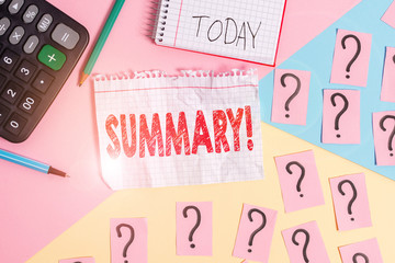Conceptual hand writing showing Summary. Concept meaning brief statement or account of main points of something subject Mathematics stuff and writing equipment on pastel background