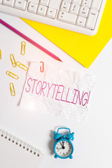 Handwriting text writing Storytelling. Conceptual photo activity writing stories for publishing them to public Flat lay above white blank paper with copy space for text messages
