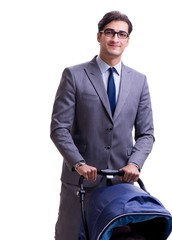 The young dad businessman with baby pram isolated on white