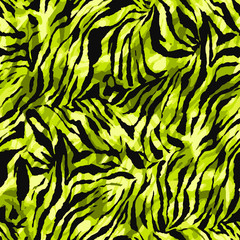 Full seamless wallpaper for zebra and tiger stripes animal skin pattern. Black and yellow design for textile fabric printing. Fashionable and home design fit. © MSK Design