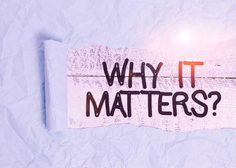 Text sign showing Why It Matters Question. Business photo text most important thing to be done when...