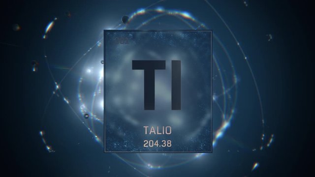 Thallium as Element 81 of the Periodic Table. Seamlessly looping 3D animation on blue illuminated atom design background with orbiting electrons. Name, atomic weight, element number in Spanish languag