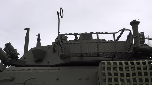 Military Vehicle Tank Truck Left To Right Panorama On Overcast White Clouds Day