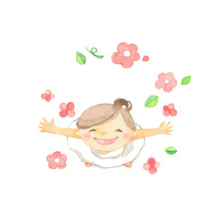 お花畑で両手を広げる女の子