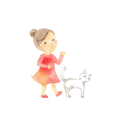 歩く女の子と白猫