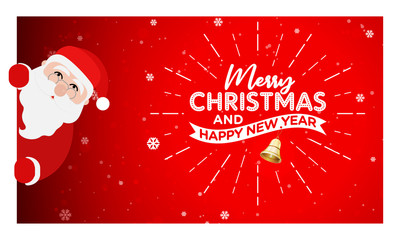 Merry Christmas and Happy New Year Banner, Logo Design, Sticker, Concept, Card, Template, Icon, Poster, Unit, Label, Web, Mnemonic with Santa Claus peeping from the left on red celebration background.