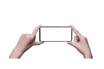 Woman hand holding modern smartphone display and touch screen mobile phone isolated on white background.
