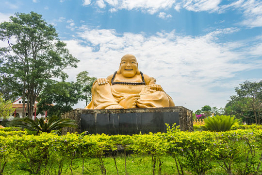 Foz do Iguacu, Brazil - Circa October 2019: Smiling Buddha statue at Chen Tien Buddhist Temple