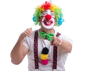 Funny clown acting silly isolated on white background