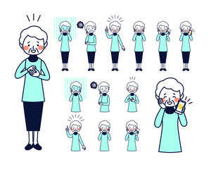 老人　女性　立ち絵　表情　　線画　色数少なめ