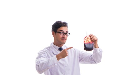 Doctor in blood donation concept isolated on white