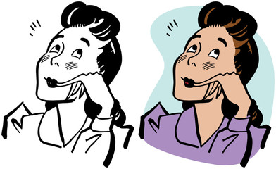 A cartoon of a woman with a thoughtful expression on her face. 