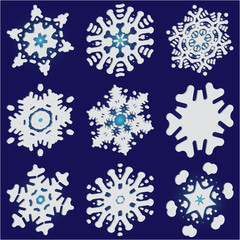 Set of christmas 3d snowflakes on blue background.