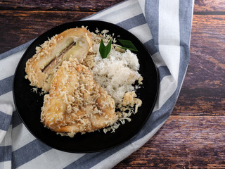 Close up of fried banana. Fried banana (pisang goreng), a popular snack in Malaysia, Singapore, Indonesia and Thailand.