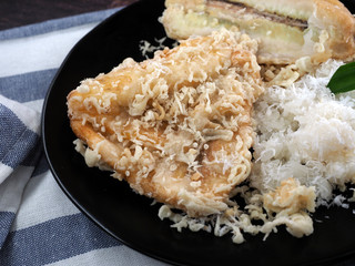 Close up of fried banana. Fried banana (pisang goreng), a popular snack in Malaysia, Singapore, Indonesia and Thailand.