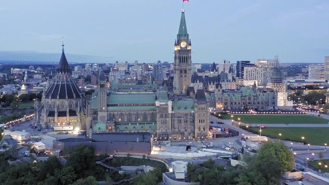 Aerial: the Ottawa city skyline at night. Ontario, Canada. 