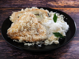 Close up of fried banana. Fried banana (pisang goreng), a popular snack in Malaysia, Singapore, Indonesia and Thailand.