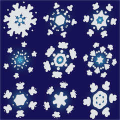 Kit of isolated  silhouettes of snowflakes on blue background.